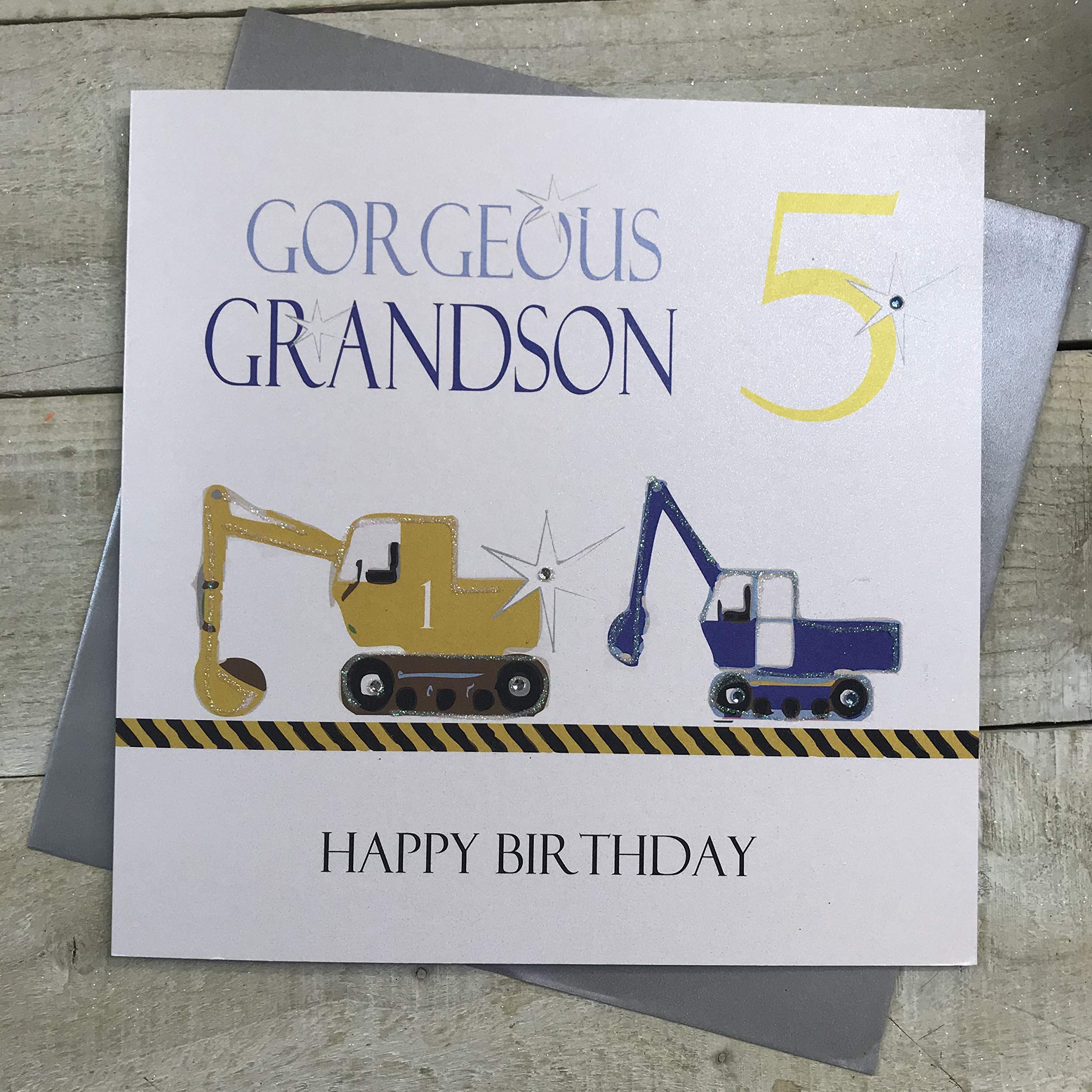 WHITE COTTON CARDS Large Diggers Gorgeous Grandson 5 Happy 5th Handmade Birthday Card, XNGS5