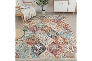 BRICHOEE Moroccan Trellis Area Rug, 5x7 Inch Washable Living Room Rug, Retro Floral Rug Non-Slip, Large Oriental Accent Throw Rug Indoor Rug for Nursery Bedroom Office Carpet