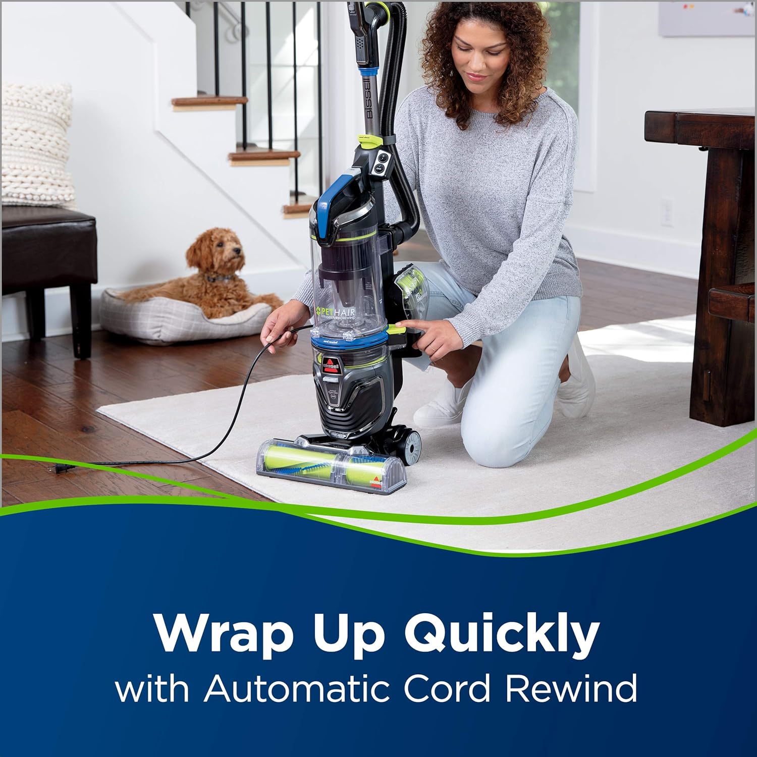 BISSELL Pet Hair Eraser Turbo Rewind Upright Vacuum Cleaner, 27909, Blue -
