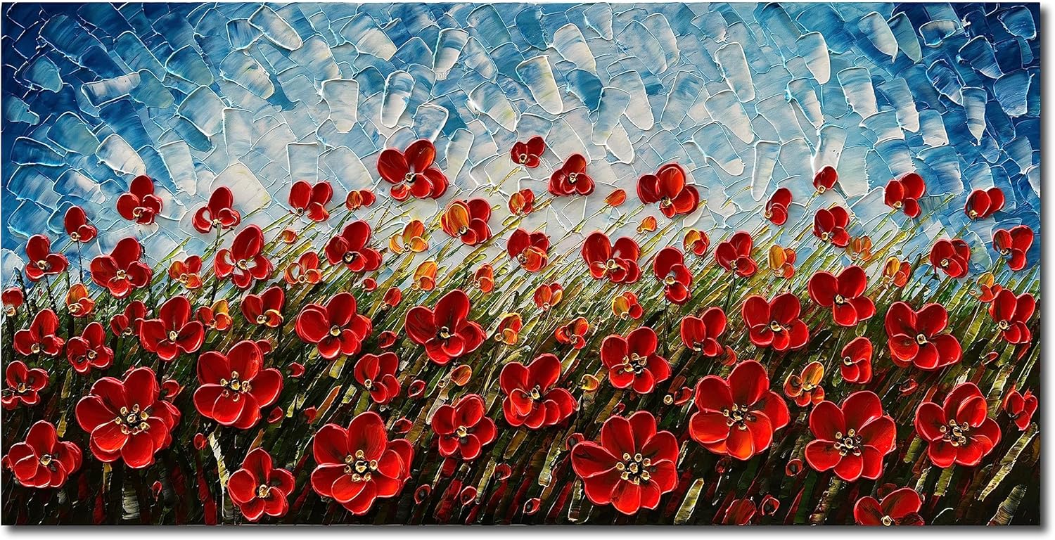 Paintings - Epicler art 24x48 Inchs Hand-painted Red Flower Oil Painting Contemporary Canvas Wall art Works Living Room, Bedroom, Dining Room Wall Decoration