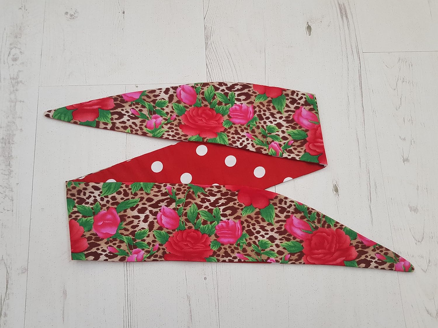 Reversible Vintage Leopard Print Rose Red Polka Dot Head Scarf