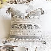 BlissBlush 20X20 Throw Pillow Cover, Cream Neutral Square Decorative Cushion Cover With Black Pattern, Boho Accent Pillowcase With Tufted Details And Tassels For Couch Sofa Living Room (Cover Only