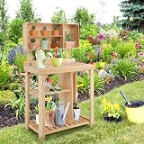 TANGZON Wooden Potting Table with Compartments & Shelves, 80x42x136cm view 9