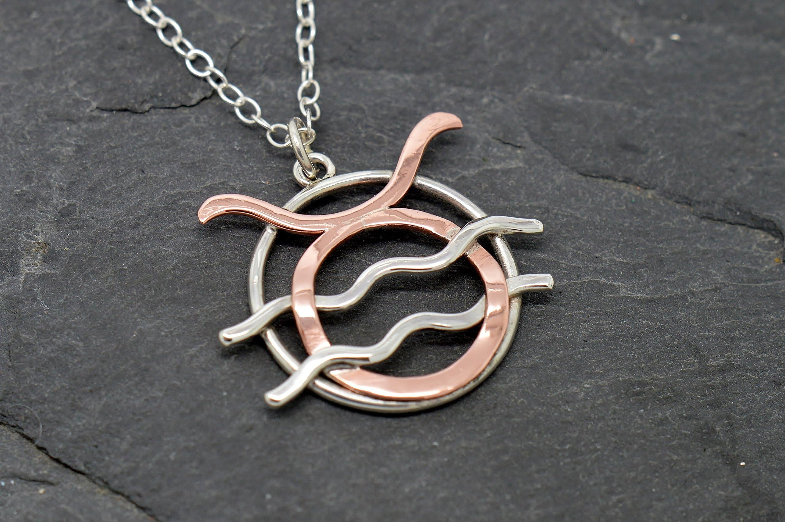 Zodiac necklace taurus and aquarius combined sterling silver and polished copper