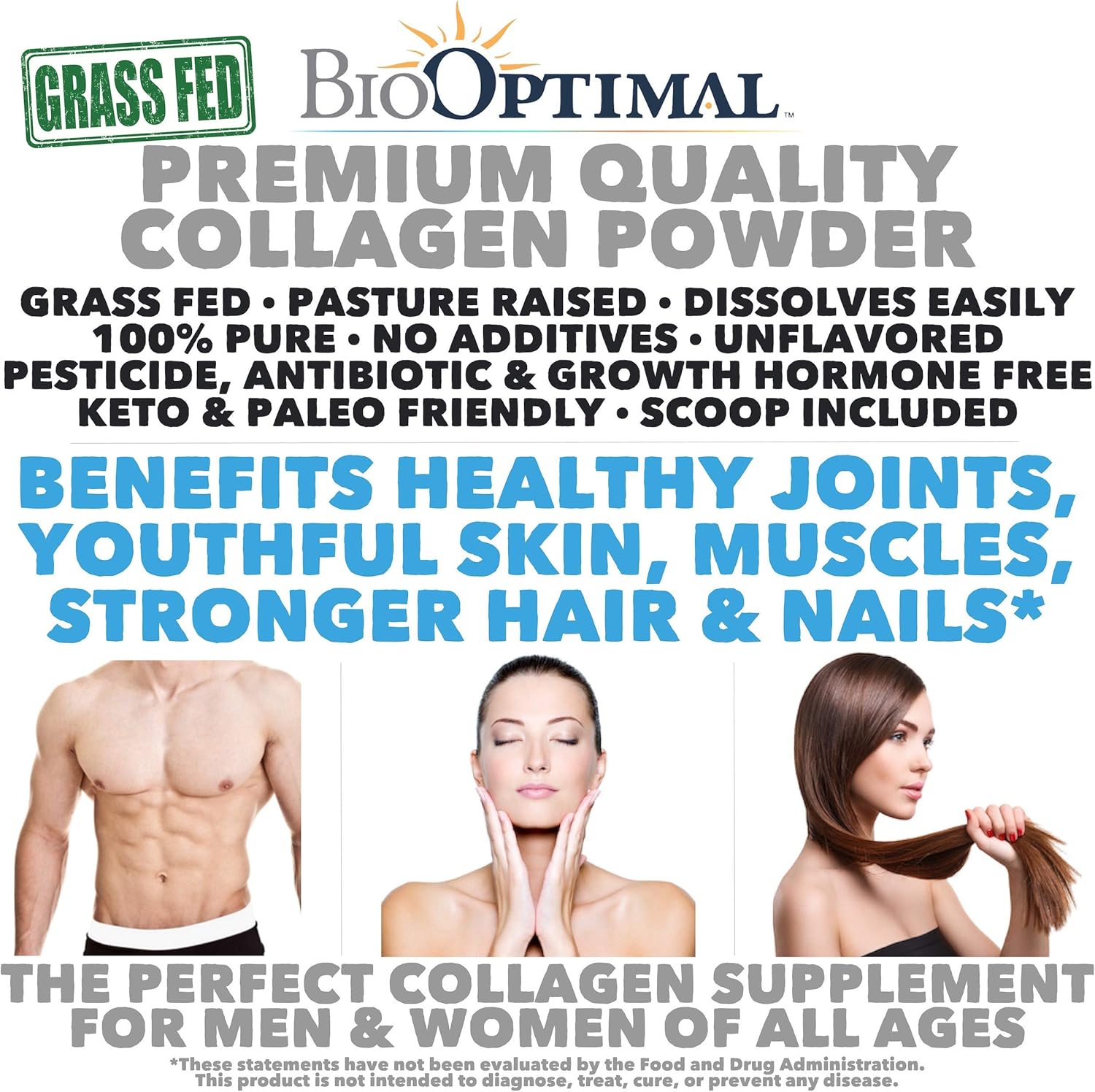 BioOptimal Collagen Powder - Collagen Peptides, Grass Fed, for Skin, Hair, Nails & Joints, Collagen Supplements for Women & Men, Pasture Raised, Dissolves Easily, 300 Grams: Health & Personal Care
