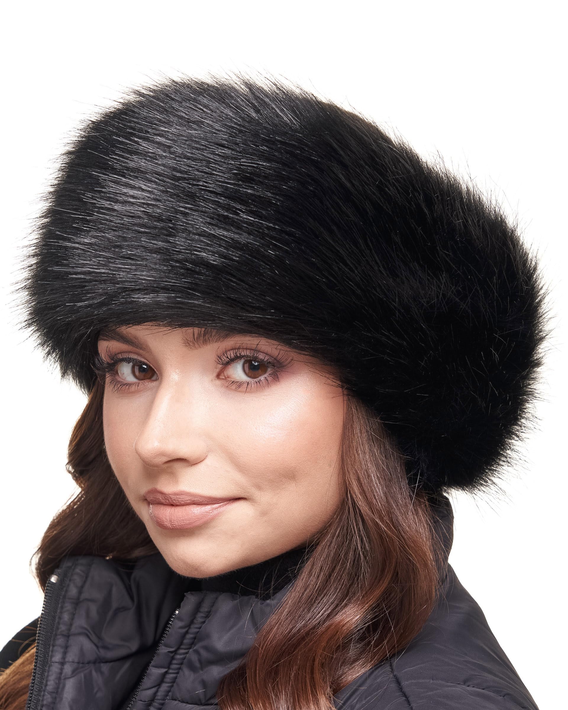 Futrzane Classic Headband - Faux Fur Headbands for Women - Furry Band for Winter - Size L (Black Classic)