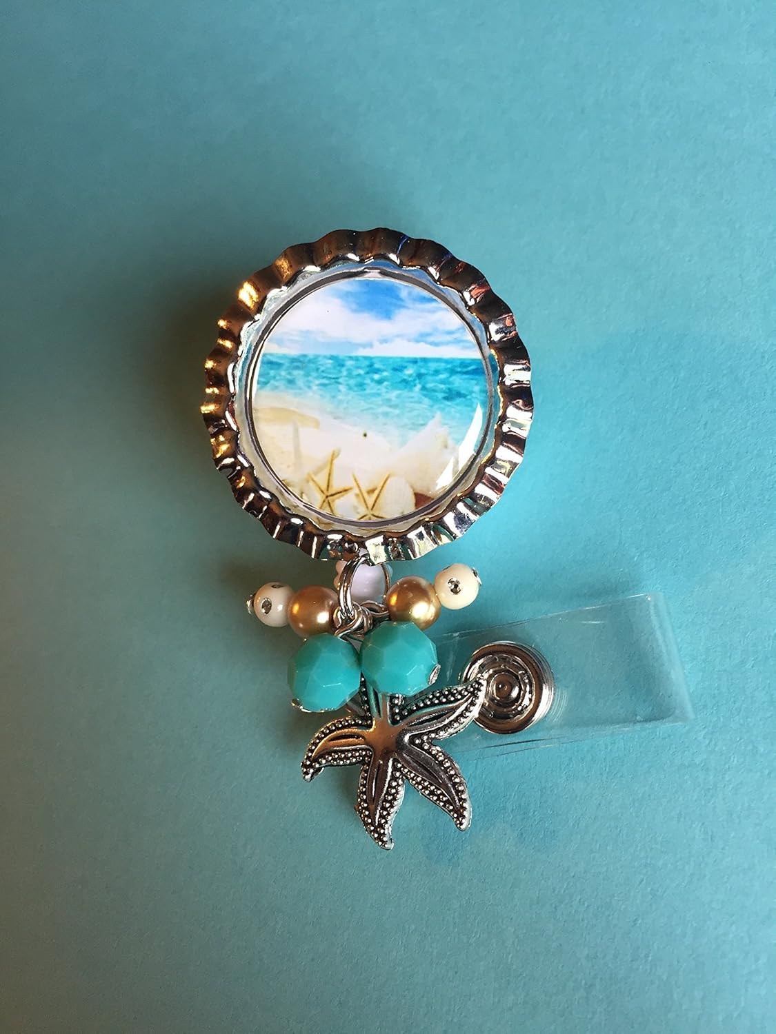 Beachocean Badge Id Holder With Retractable Reel With Blue And Gold Beads And Starfish Charm