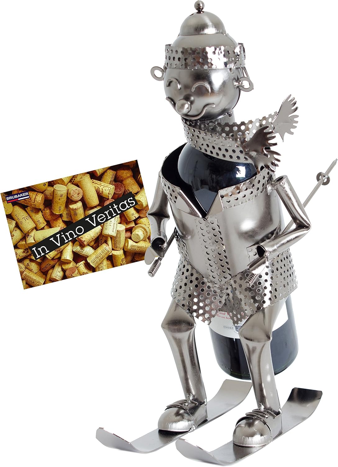 BRUBAKER Wine Bottle Holder Skier Metal Sculpture Gift, Silver, 36x18x26 centimetres