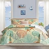 Tritard 3 Piece Coastal Quilt Sets King Size - Reversible Microfiber Quilts with 2 Shams Soft Lightweight Beach Bedding Nautical Bedspread Coverlet Summer Comforter Set for All Season, 106''x96'', C4