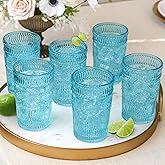 Kate Aspen Vintage Textured Aqua Blue Striped Drinking Glasses Set of 6-13 oz Ribbed Glassware with Flower Design | Cocktail Set, Juice Glass, Water Tumbler