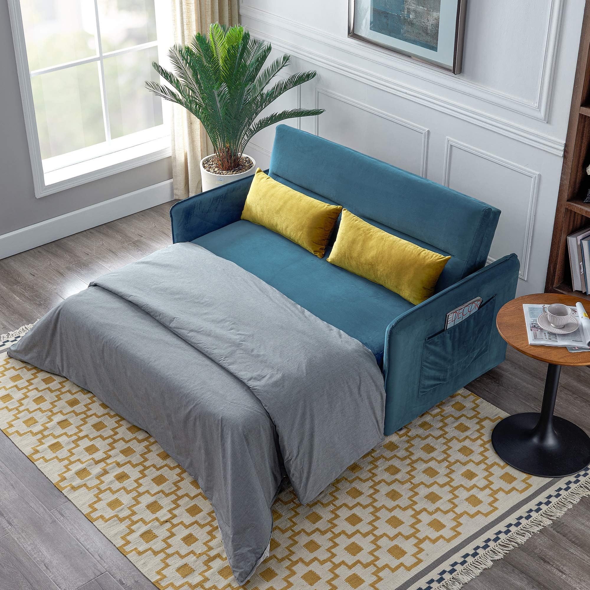 AUKUYEE Compact Sleeper Sofa Bed Velvet Pull-Out Couches with 2 Lumbar Pillows and Side Pocket, for Living Room Apartment, Blue