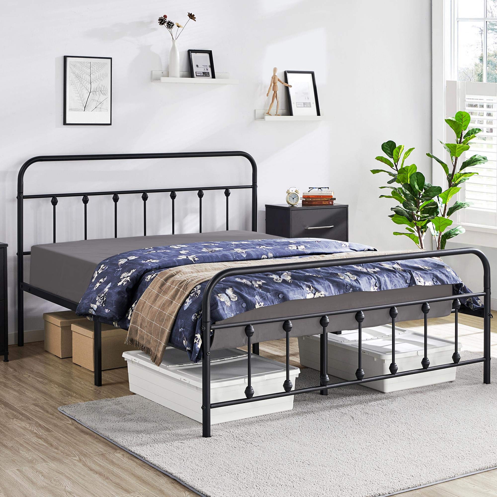 YAHEETECH Classic Metal Platform Bed Frame Mattress Foundation with Victorian Style Iron-Art Headboard/Footboard/Under Bed Storage No Box Spring Needed for Boys Girls Queen Size