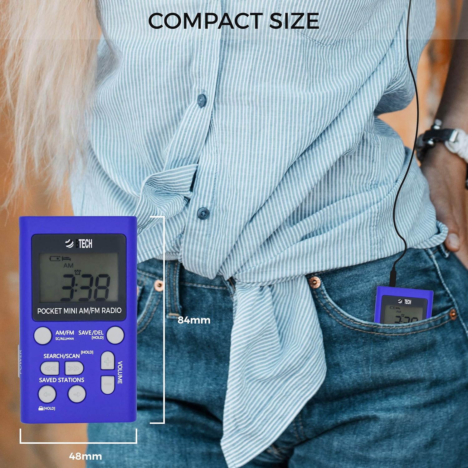 BTECH MPR-AF1 AM FM Personal Radio with Two Types of Stereo Headphones, Clock, Great Reception and Long Battery Life, Mini Pocket Walkman Radio with Headphones (Blue): Electronics
