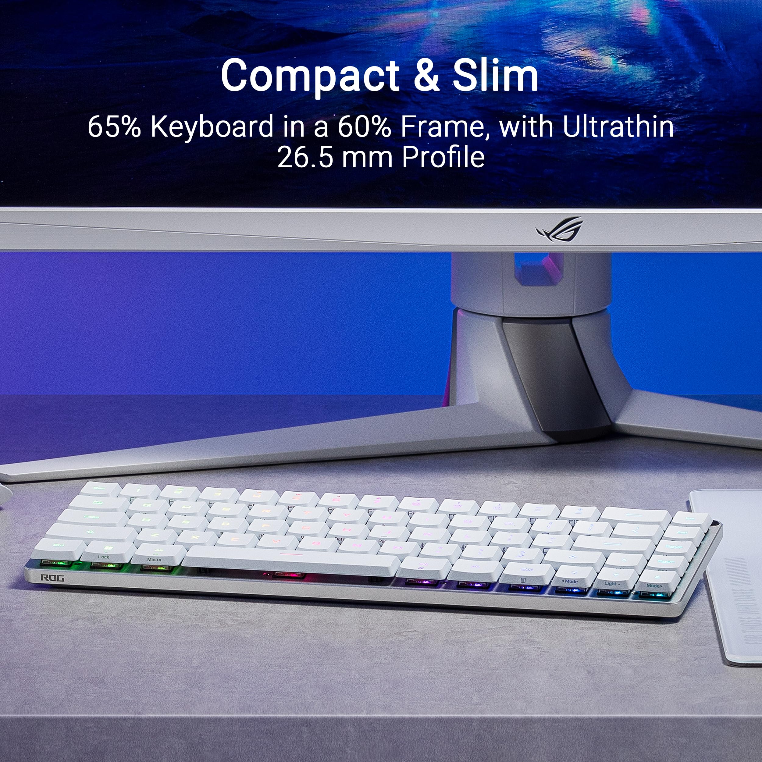 ASUS ROG Falchion RX Low Profile Wireless Gaming Keyboard – 65% Compact TKL, Tri-Mode Connectivity, ROG RX Red Optical Switches, RGB, Touch Panel, Keyboard Cover, PC/Mac Support - White