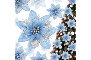 Geosar 36 Pieces Glitter Christmas Poinsettia Artificial Xmas Flower Ornaments Flowers Decorations with Clips and Stem Glitter Poinsettia Christmas Tree Ornaments for Xmas Wedding (Light Blue,Silver)