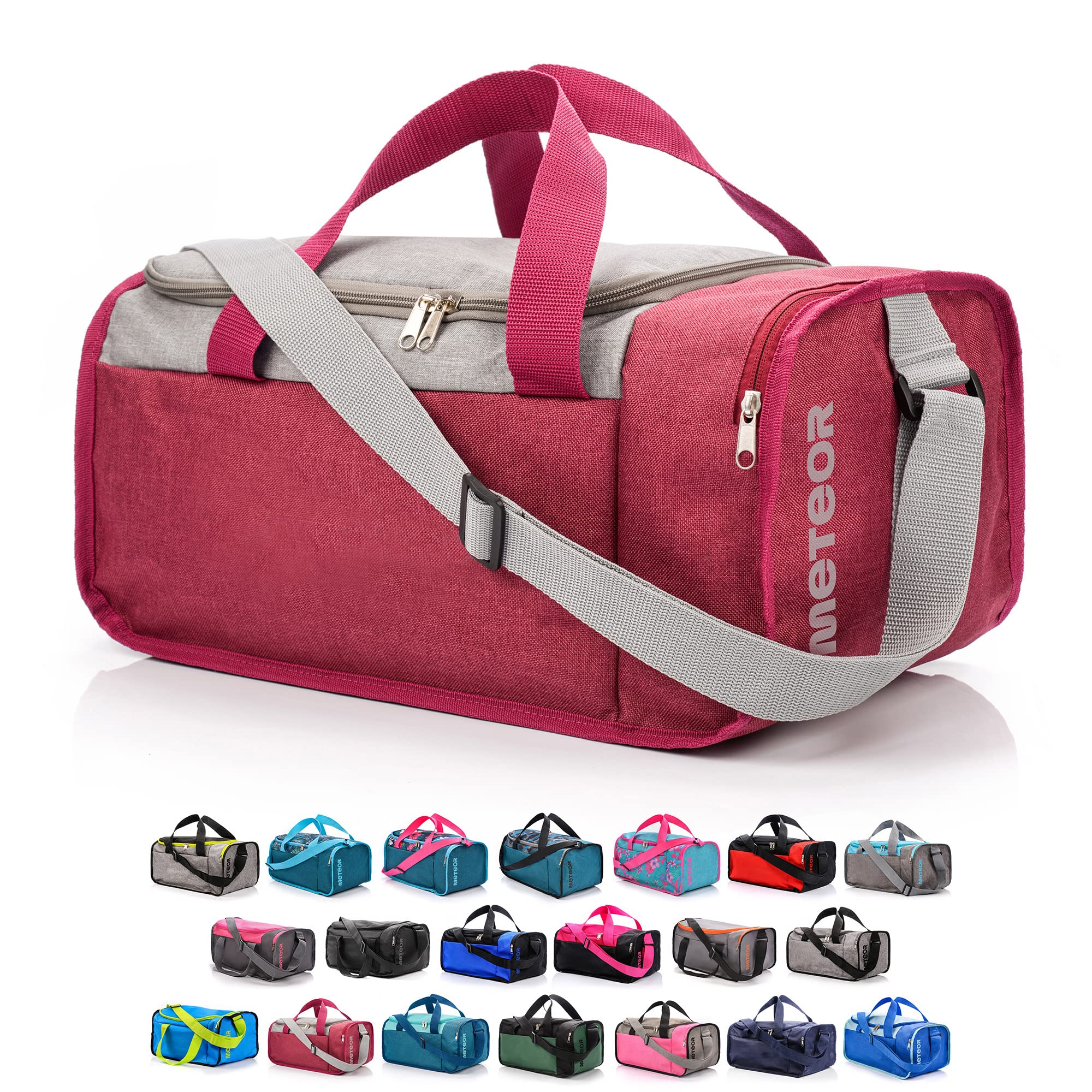 meteor Gym Bag Womens & Mens 20l - Lightweight Sports Holdall with Shoe Compartment & Shoulder Strap - Unisex Travel Duffel - Underseat Cabin Luggage for Weekend or Overnight Trip, Red/Grey