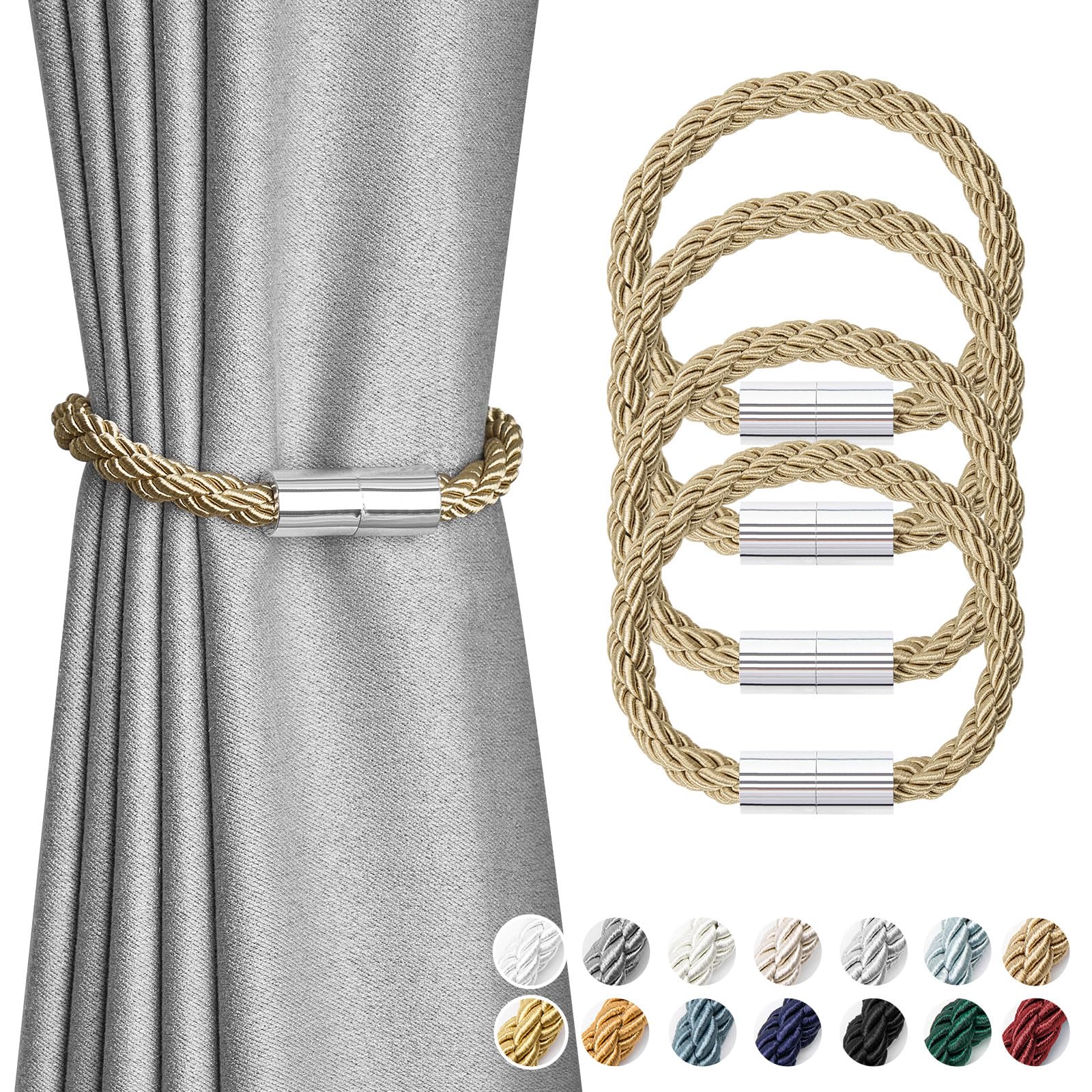 Pretty Jolly 4 Pack Mini Magnetic Curtain Tiebacks Modern Simple Style Drape Tie Backs Elegant Decorative Weave Rope Curtain Holdbacks for Home & Office Thin Window Draperies (Khaki)