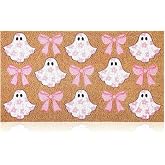 Dunzy Halloween Welcome Mat Pink Ghost Door Mat Bow Floral Halloween Rug | Outdoor Non-slip Imitation Coir Front Door Mat, Cute Coquette Kitchen Decorative Doormat, for Home, Outside Entrance Porch