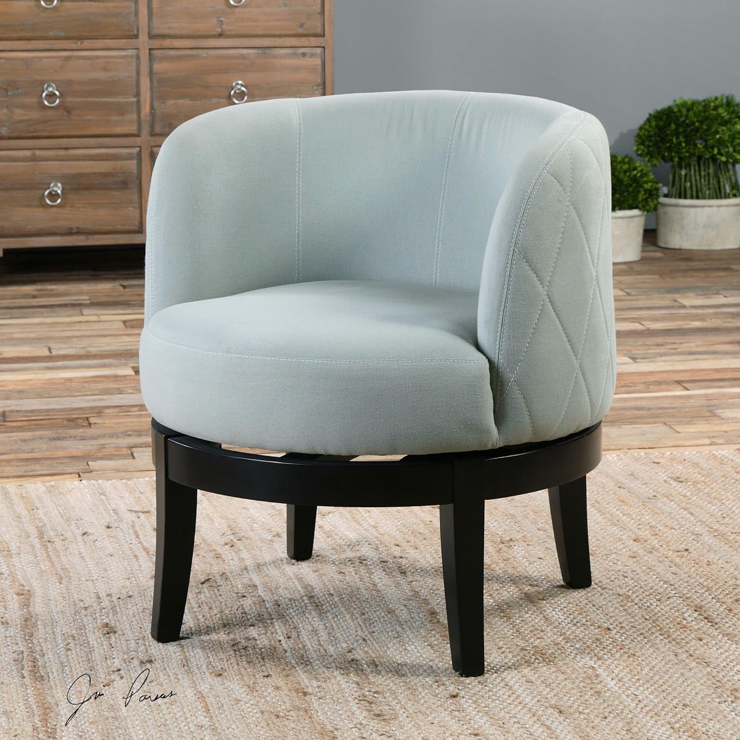Solid Wood Swivel Chair Soft Gray Green Diamond Fabric