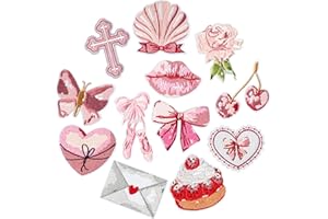 KIRAKO 12 Pcs Coquette Iron On Patches Pink Bowcore Sew on Repair Embroidered Applique Vintage Aesthetic Ballet Style Butterfly Lip Cherry Rose Cross Cake DIY Craft Gifts for Girls Women Clothes Backpack Hat