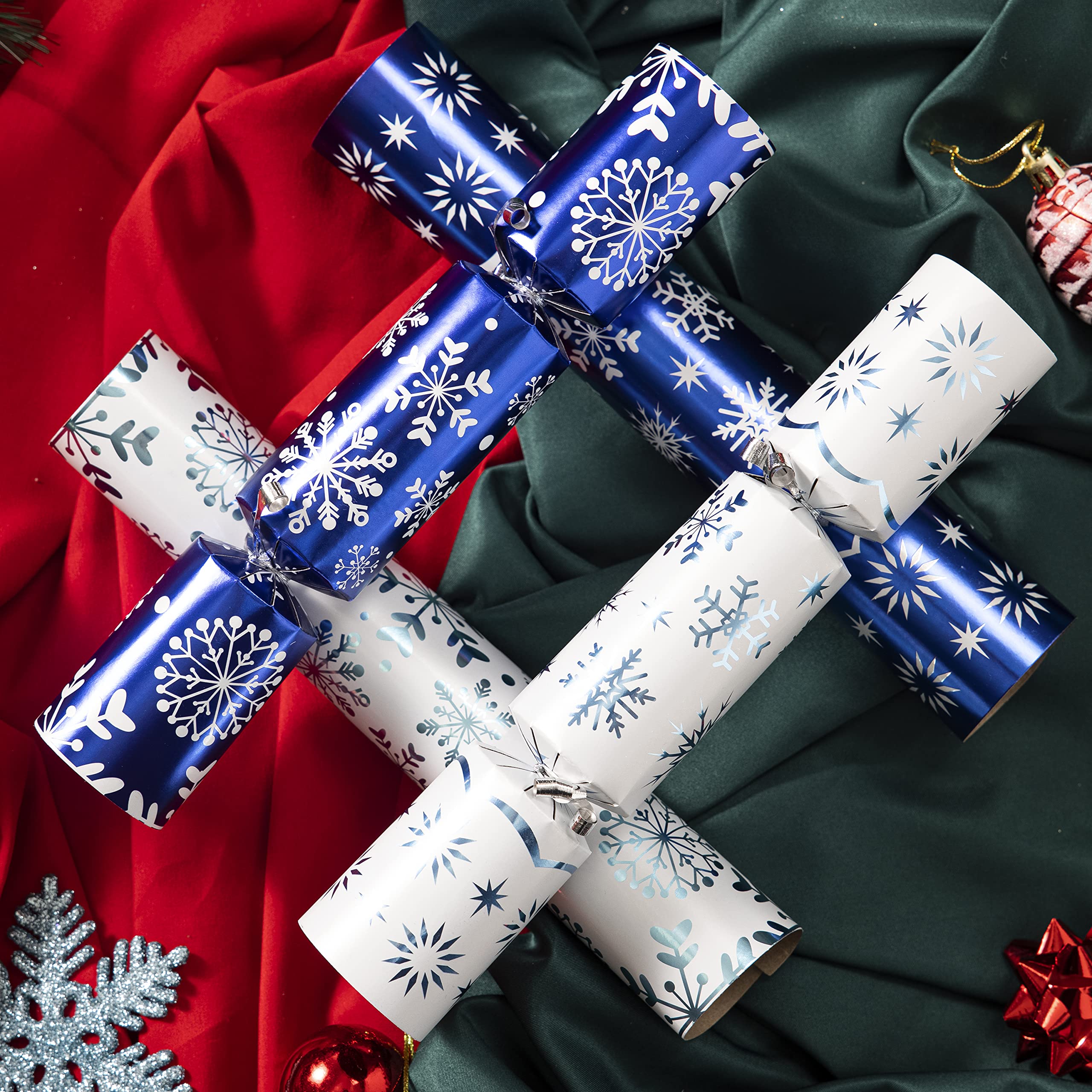 JOYN 8 Pack Christmas Non-Snap Party Table Favor with Blue & White Snowflake Design, with Party Hat, Joke & Little Gift Inside, for Xmas Gift, Christmas Seasonal Holiday Dinner Traditions