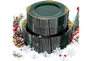 Joyido 102PCS Christmas Plastic Plates - Green and Gold Plates - Fancy Heavy Duty Disposable Plate - Heavyweight Dinner & Dessert Plate for 51 Guests for Party & Christmas