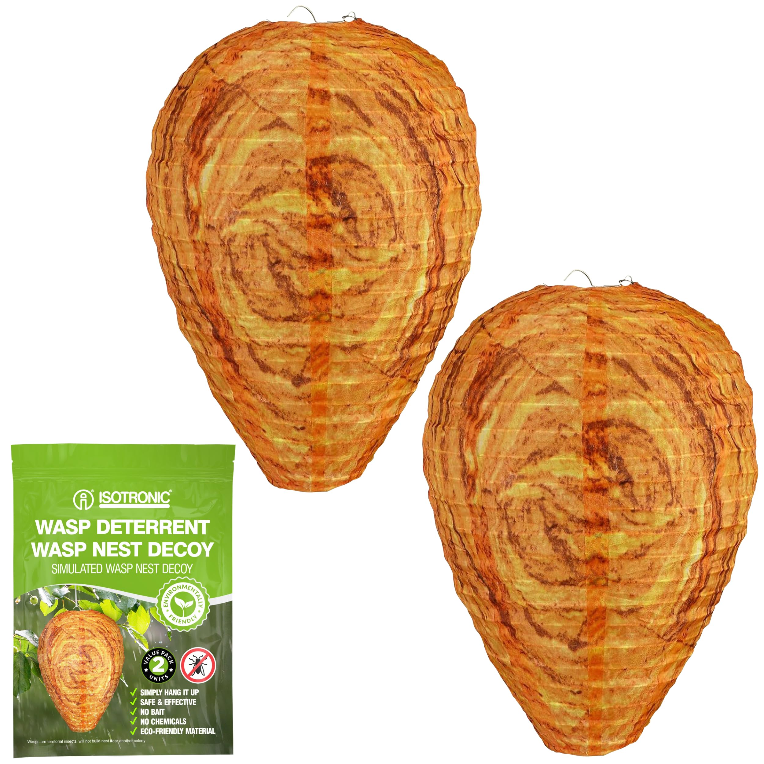 ISOTRONIC Dummy Wasp Nest for Deterrent Wasps & Hornets - Weatherproof Wasp Repellent for Garden, Balcony & Patio - Nest Simulation as Natural Wasp Protection without Poison (Pack of 2)
