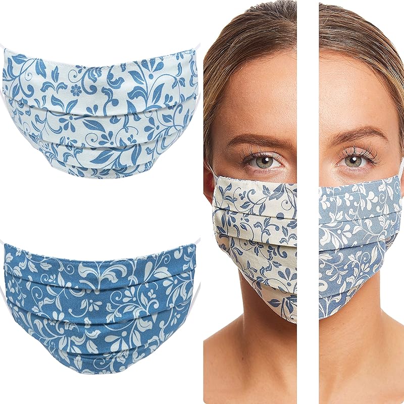 UK Hand Made Washable Face Mask in Floral Light Blue and White, Double
