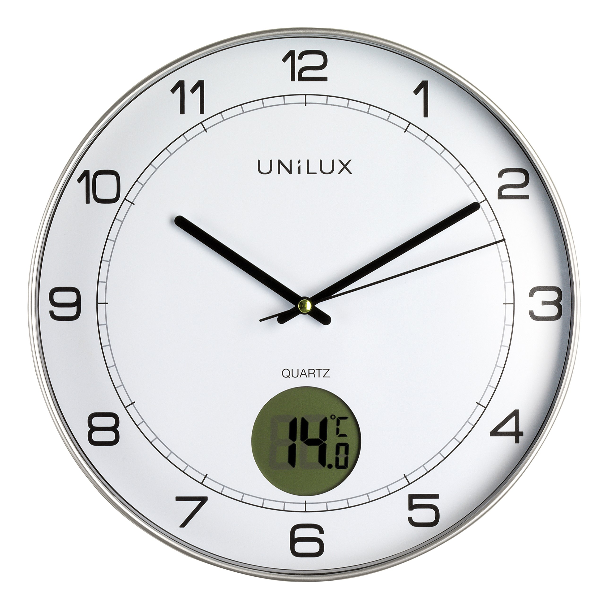 Unilux Tempus 400094592 Non-Ticking Silent Wall Clock 2 in 1 with Digital Display for Temperature Grey with Thermometer, 30 cm, LCD Degrees Celsius Analogue Clock