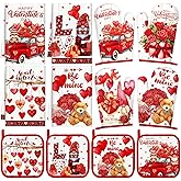 SiliFine 12 Pcs Valentines Day Kitchen Towels Pot Holders and Oven Mitts Set 4 Sweet Heart Gnomes Dish Towels 4 Love Oven Mitts 4 Romantic Red Rose Potholders for Xmas Dish Baking Decorative