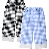 Miipat Toddler Girls Wide Leg Pants Elastic Waist 2 Pack Gingham Pants Kids Loose Checkered Plaid Lace Bottoms
