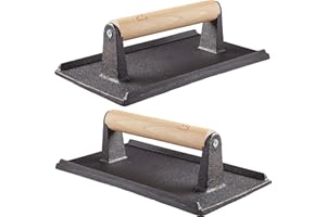 AVANT GRUB Pro Grade, Pre Seasoned Cast Iron Grill Weight 2Pk. Heavy Duty Steak and Burger Press with Wooden Handle for Grills, Griddles and Flattops. Perfect Gadget for Bacon, Paninis, Sandwiches and Vegetables