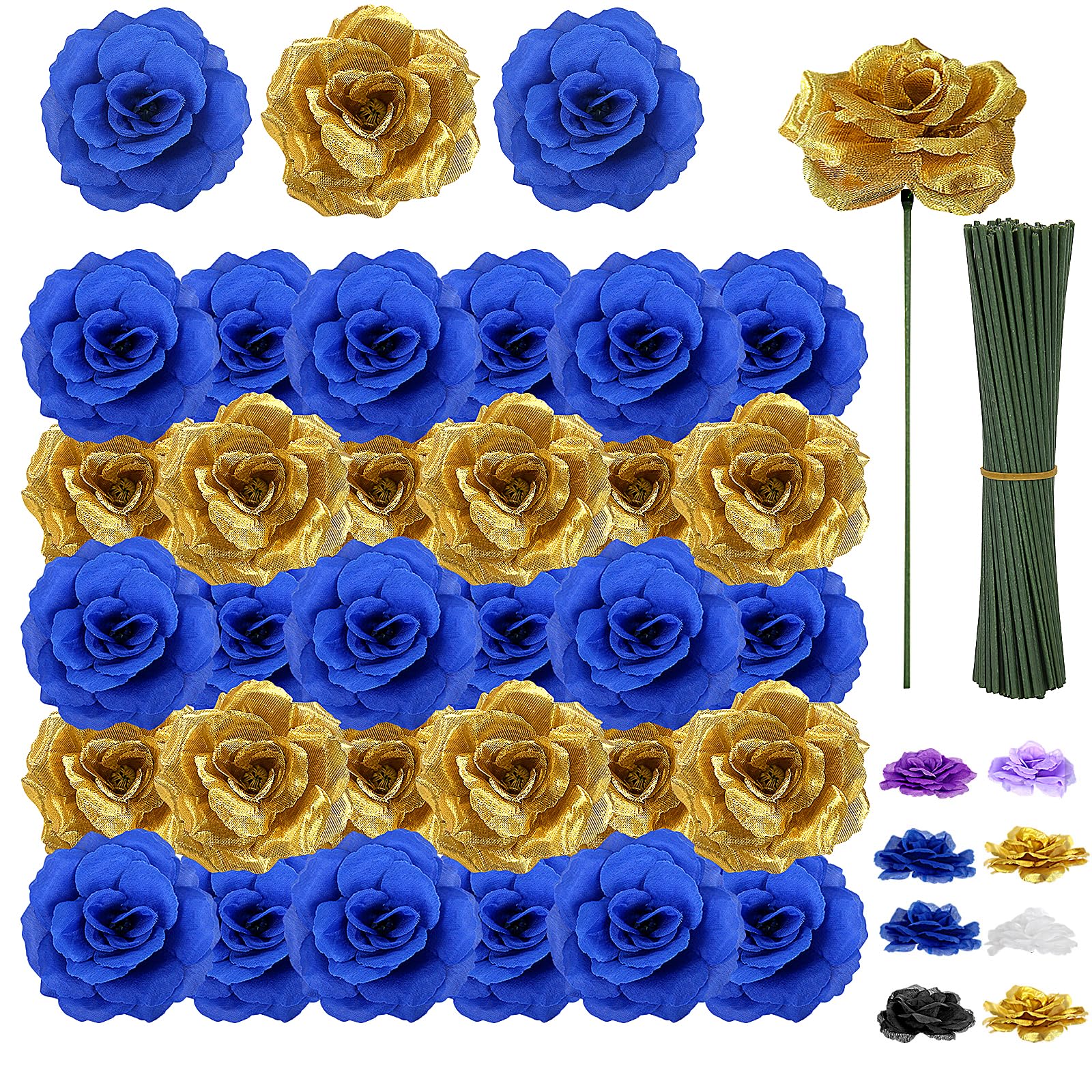 Photo 1 of 108pcs Roses Head Flowers with Stem - Blue & Gold Artificial Flowers Rose Bulk - Silk Royal Blue Gold Rose Fake Flower for Wedding Bouquet Home Baby Shower DIY Centerpieces Tables Grad Party Decor