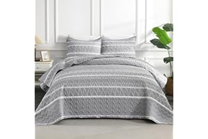 Andency Quilt King Size Set Grey (106x96 Inch), 3 Pieces(1 Striped Boho Printed Quilt and 2 Pillowcases), Bohemian Summer Lightweight Reversible Microfiber Bedspread Coverlet Sets