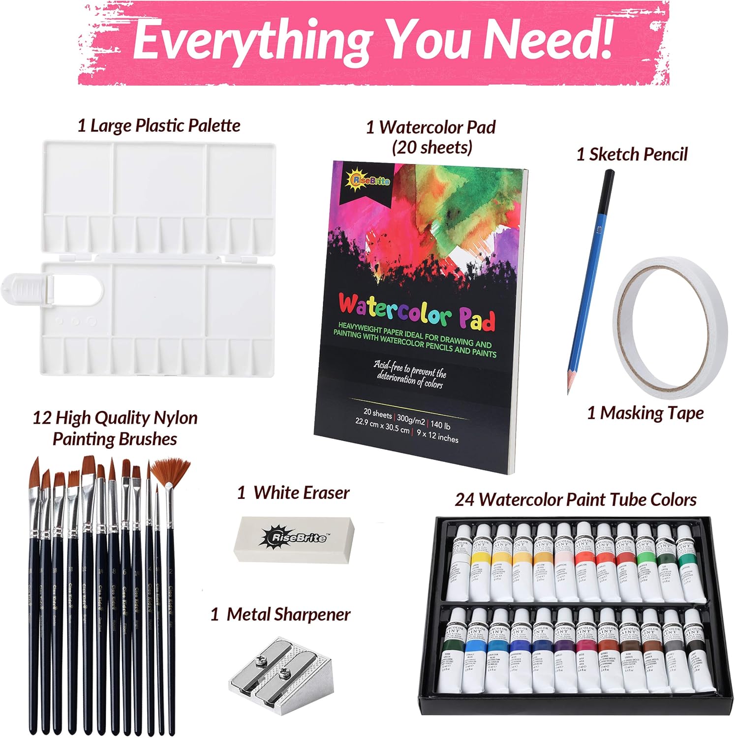 RiseBrite Watercolor Paint Set - 42 Pcs Watercolor Set with Watercolor Paints Tubes, Brushes, Watercolor Paint Paper, Premium Painting Supplies | Perfect Watercolor Set For Adults, Kids, and Beginners