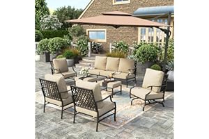 HERA'S HOUSE 7 Piece Patio Furniture Set, 2 x Rocking Chair, 2 x Fixed Chair, 2 x Ottoman, 1 x 3-Seat Sofa, All Cushioned 9 Seats Outdoor Conversation Set for Lawn Garden Backyard