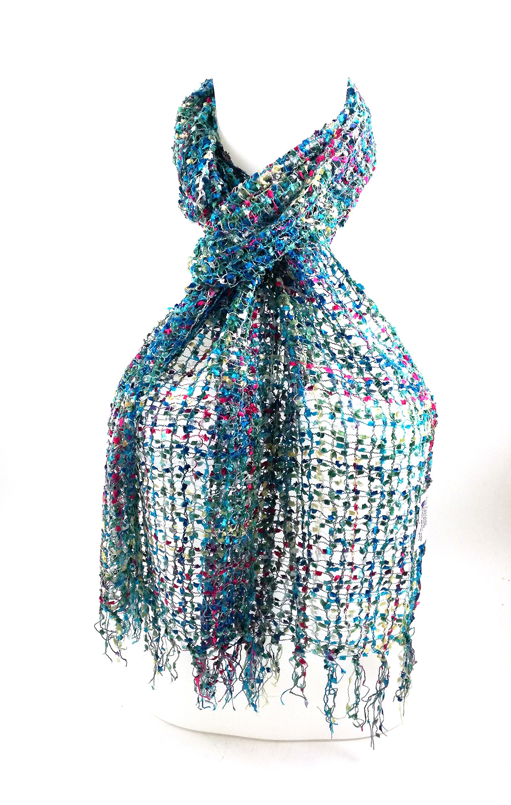 COOL TRADE WINDS - LIGHT AND DELICATE CONFETTI NET WEAVE SCARF: Hand Loomed in India, a pretty scarf that can be worn for any occasion - 193cm x 33cm in size (Sky Blue)