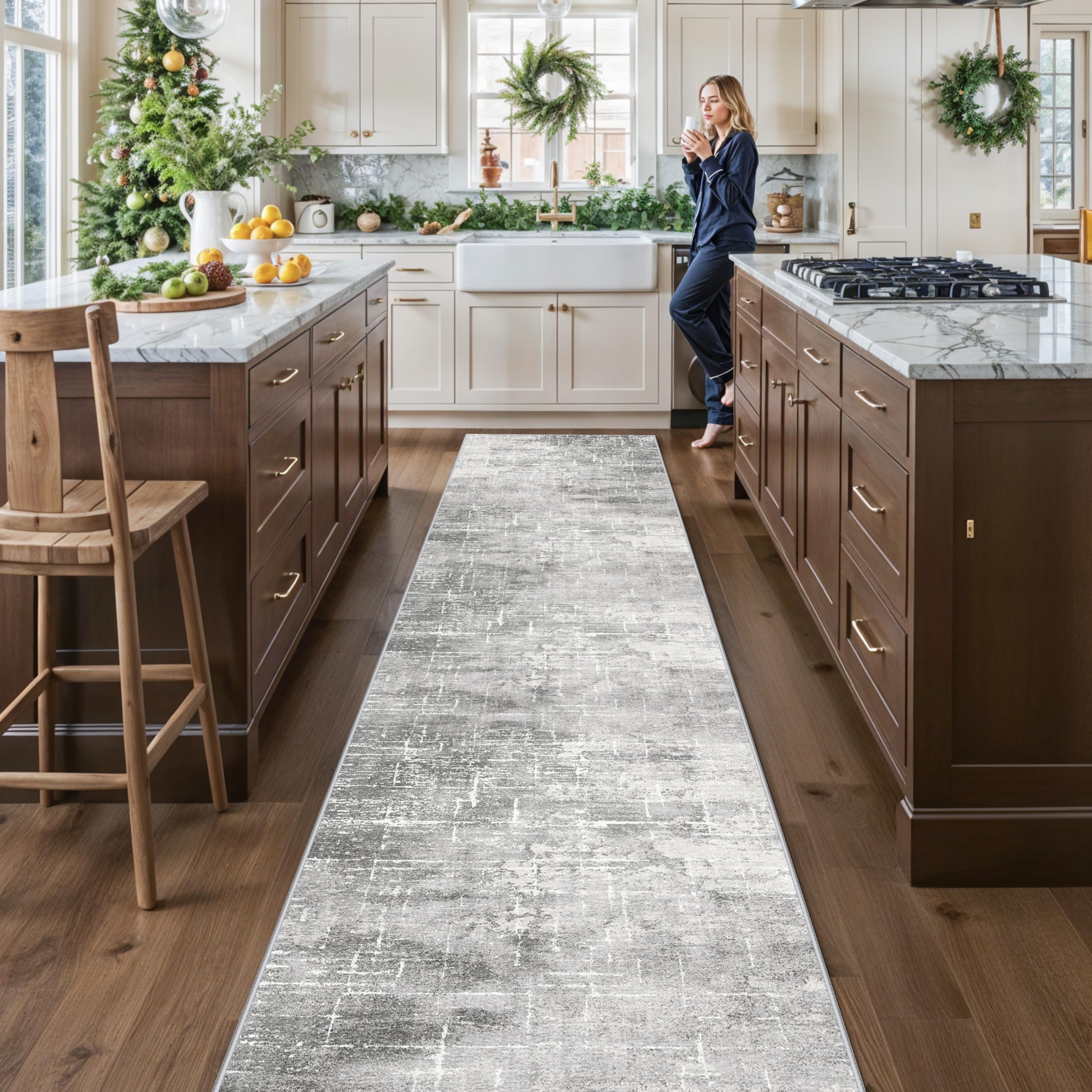 Photo 1 of 2'6x14 Abstract Kitchen Area Rugs: Farmhouse Washable Non-Slip Long Hallway Rug Soft Stain-Resistant Entryway Bathroom Floor Mat Low-Pile Nursery Living Room Bedroom Carpet(2'6x14,Light/Grey)