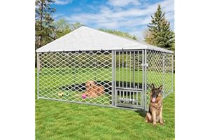 Yafylly 10x10 Heavy Duty Outdoor Dog Kennel, Outside Dog Kennel with Roof, Large Dog Kennel Outdoor with Waterproof Tarpaulin and Rotating Feeder Bowls, Covered Dog Outside Kennel for Large Dogs