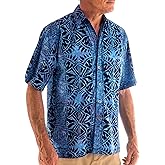 Johari West Hawaiian Short Sleeve Cotton Button-Down Batik Shirt for Men (Geometric Forest)
