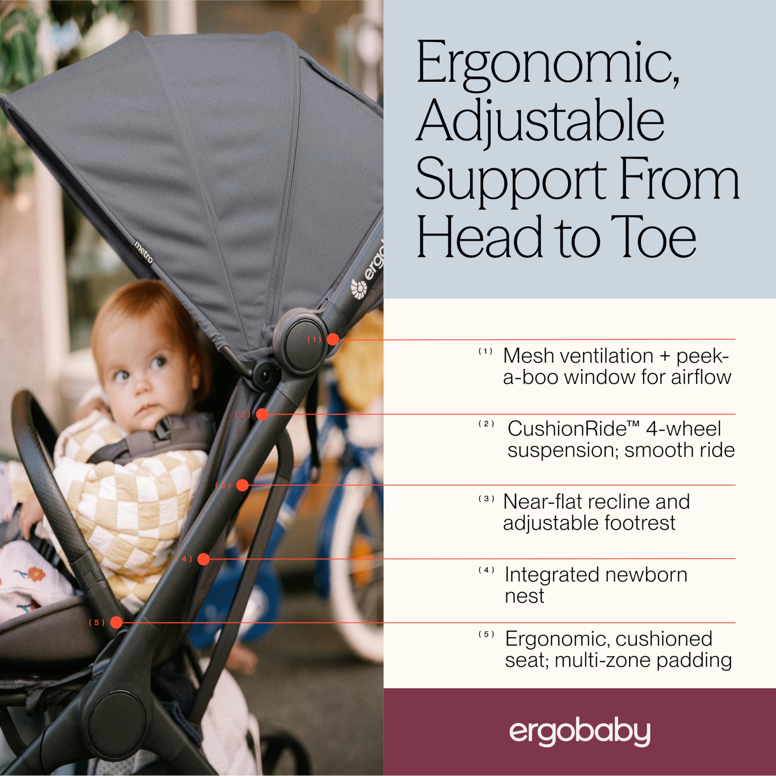 Ergobaby Metro3 Kinderwagen Buggy mit Liegefunktion, Baby-Buggy ab Geburt bis 22kg (0-4 Jahre), Zusammenklappbar und Autositz Kompatibel, höhenverstellbarer Griff, ergonomischer Sitz, Soft Olive 3
