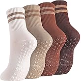 Jspupifip 4 Pairs Striped Pilates Socks with Grips for Women, Non-Slip Yoga Athletic Socks Cotton Crew Sock for Barre Barefoot Workout Hospital