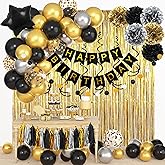 Black and Gold Birthday Party Decorations Kit for Men Women, Cheers Beer Confetti Black Gold Balloon Happy Birthday Banner Fringe Curtains Swirl Circle Dots Tassels Pom Graduation 30th 40th 50th Him