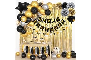 OUDDY PARTY Black and Gold Birthday Party Decorations Kit for Men Women, Cheers Beer Confetti Black Gold Balloon Happy Birthday Banner Fringe Curtains Swirl Circle Dots Tassels Pom Graduation 30th 40th 50th Him