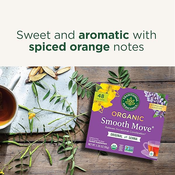 TRADITIONAL MEDICINALS ORGANIC, SMOOTH MOVE TEA, ORIGINAL WITH SENNA – HELPS RELIEVE CONSTIPATION OVERNIGHT – KOSHER, NON-GMO, CAFFEINE-FREE – 48 TEA BAGS