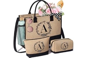 MAYICIVO Personalized Christmas Gifts for Women Tote Bag, Initial Jute Tote Bag & Makeup Bags Monogrammed Beach Bag w/Zipper, Holiday Birthday Gifts for Women Her Friend Mom Daughter Sister Girlfriend Teacher
