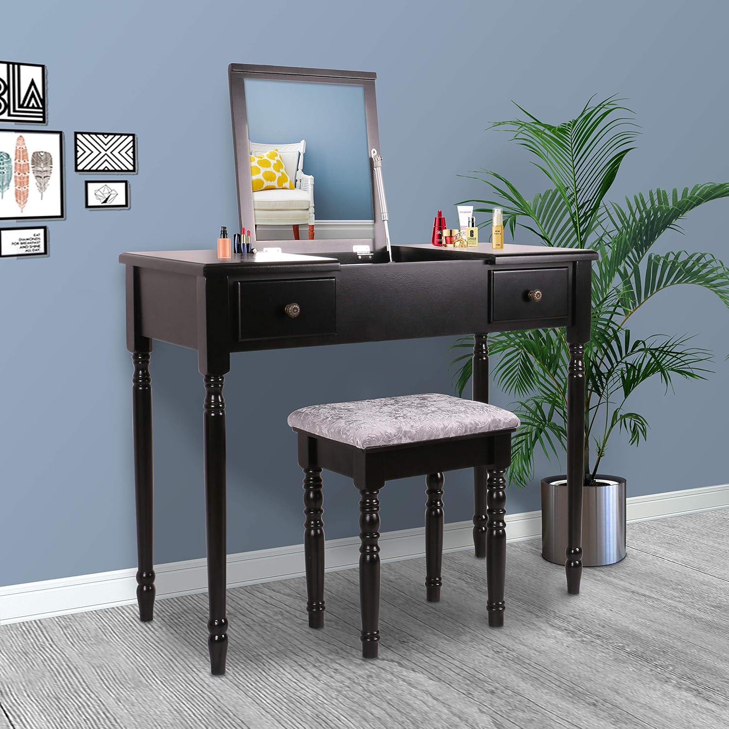 YOUKE Schminktisch mit Hocker und Klappspiegel, Frisiertisch Set mit 2