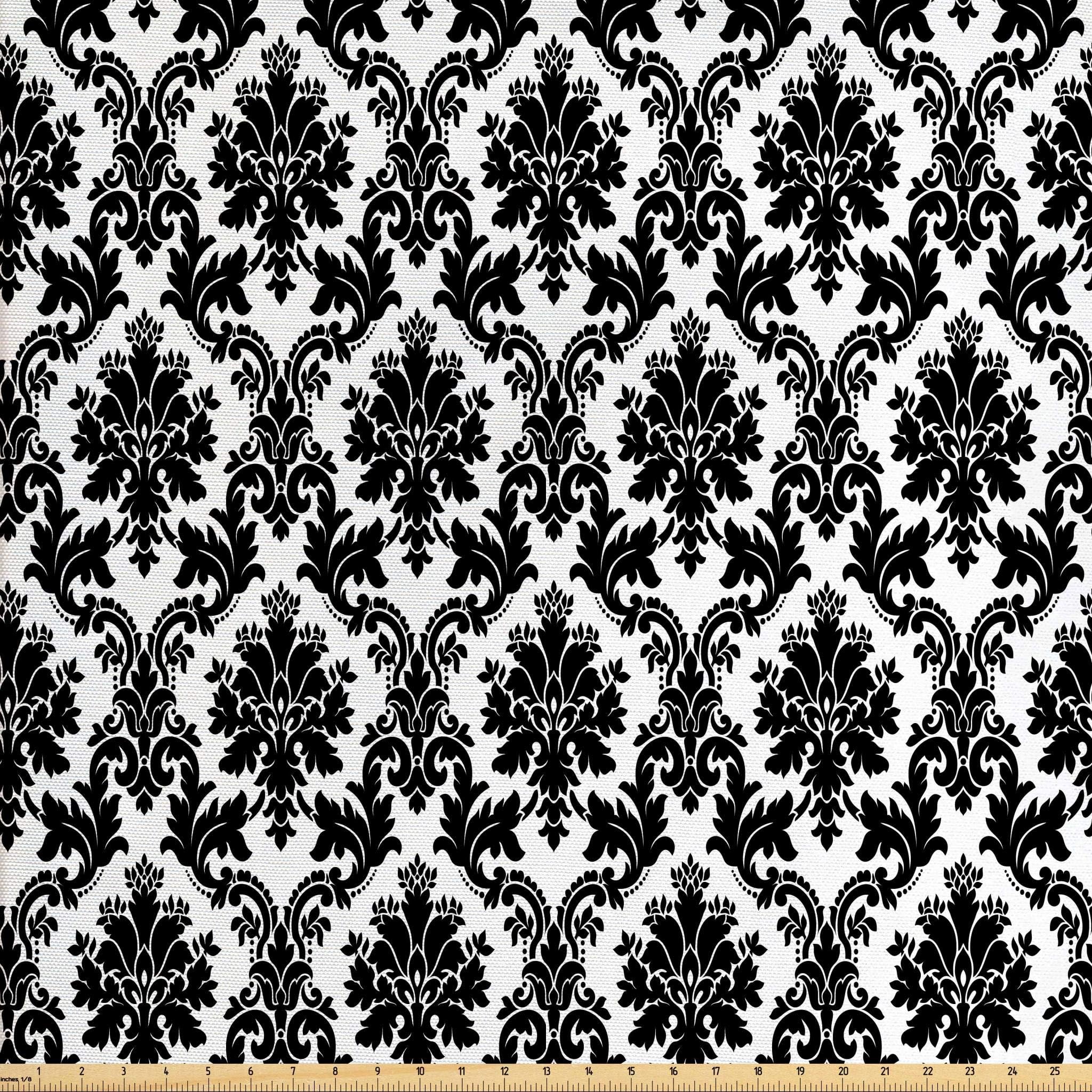 LunarableDamask Fabric by The Yard, Vintage Style Pattern Classical Victorian Interior Design Elements Floral Print, Decorative Fabric for Upholstery and Home Accents, 1 Yard, White and Black