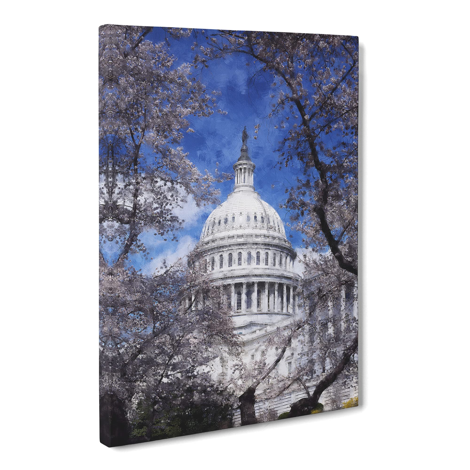 Capitol Hill & Cherry Blossom Tree Canvas Print | Gallery Wrapped 30mm Frame Wall Art | 20x14 inches | Ready to Hang | Modern Floral Picture | Living Room Bedroom Lounge Office