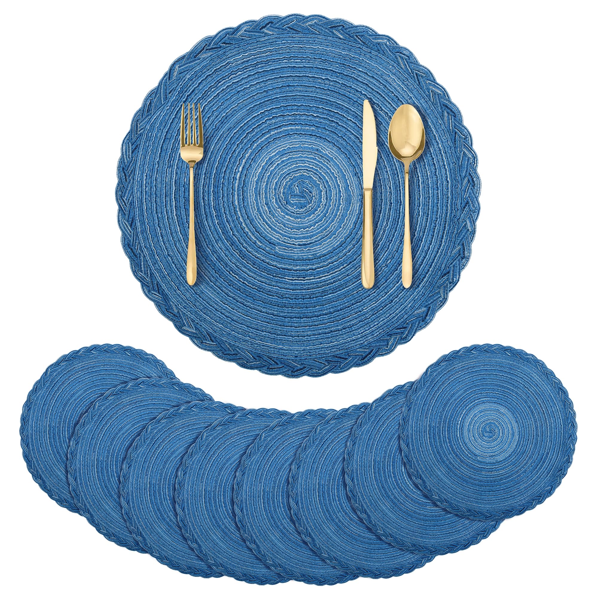 fanquare Elegant Blue Set of 8 Placemats, 38cm Modern Round Braided Place Mats, Heat Resistant Easy Clean Table Mats for Dinner Table Home Party